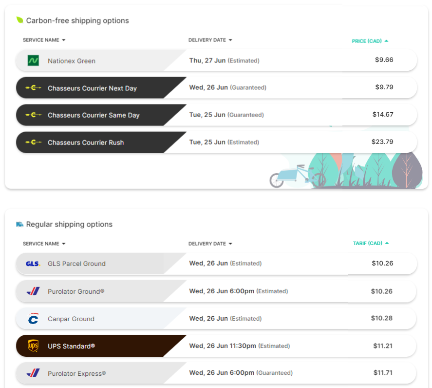 Rate comparision tool Envoi Québec - Carbon-free delivery